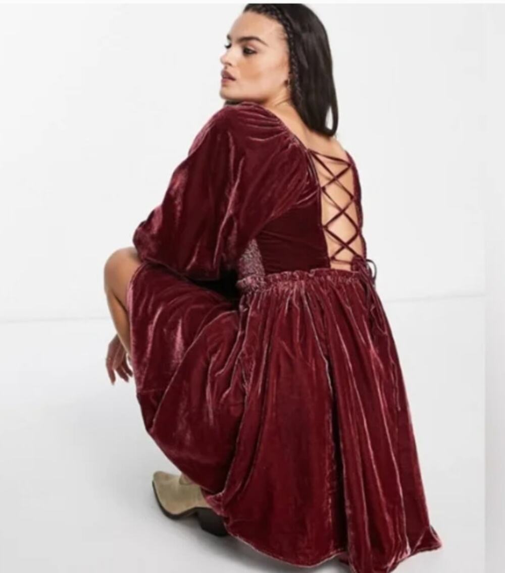 Free People Daphne Velvet Babydoll Dress. Smocked Renaissance Whimsigoth-Sz L - Picture 1 of 11